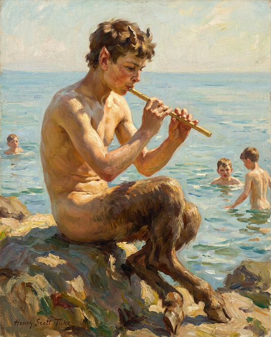 peinture huile sur toile faite sur commande - PORTRAIT JEUNE  FAUN JOUANT DE LA FLUTE