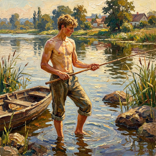 peinture huile sur toile faite sur commande - PORTRAIT JEUNE  HOMME PECHE DANS LA RIVIERE