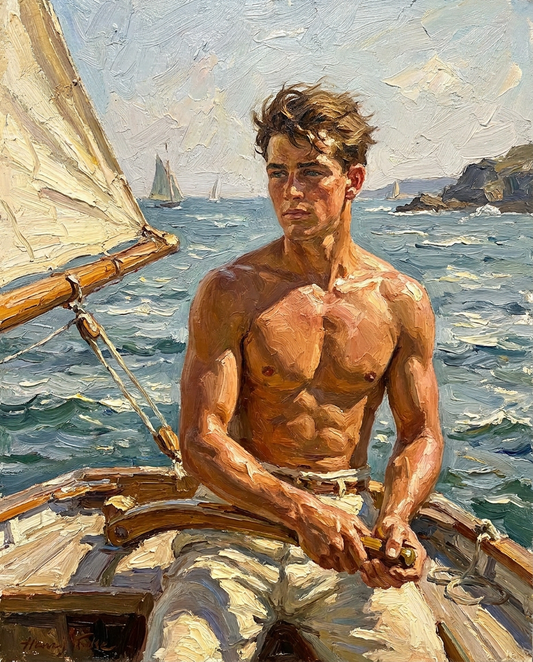 peinture huile sur toile faite sur commande - PORTRAIT JEUNE  HOMME TORSE NU A LA BARRE