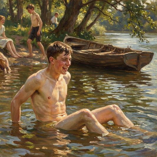 peinture huile sur toile faite sur commande - PORTRAIT JEUNE  HOMME dans riviere