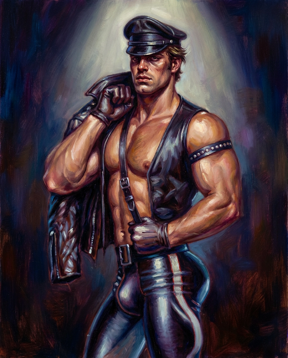 peinture huile sur toile faite sur commande - PORTRAIT MOTARD CUIR