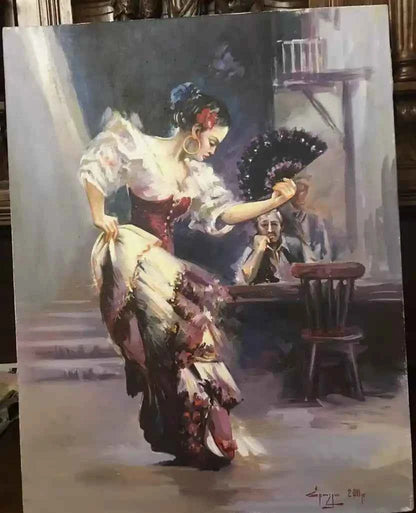 art-scène-vie-danseuse-flamenco-éventail-peinture-huile-toile