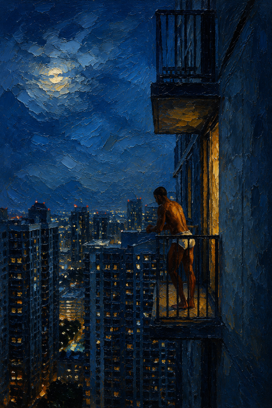 peinture huile sur toile faite sur commande - PORTRAIT NU AU BALCON