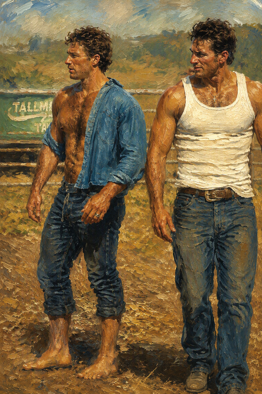 peinture huile sur toile faite sur commande - scène érotique JEUNES HOMMES FERMIERS