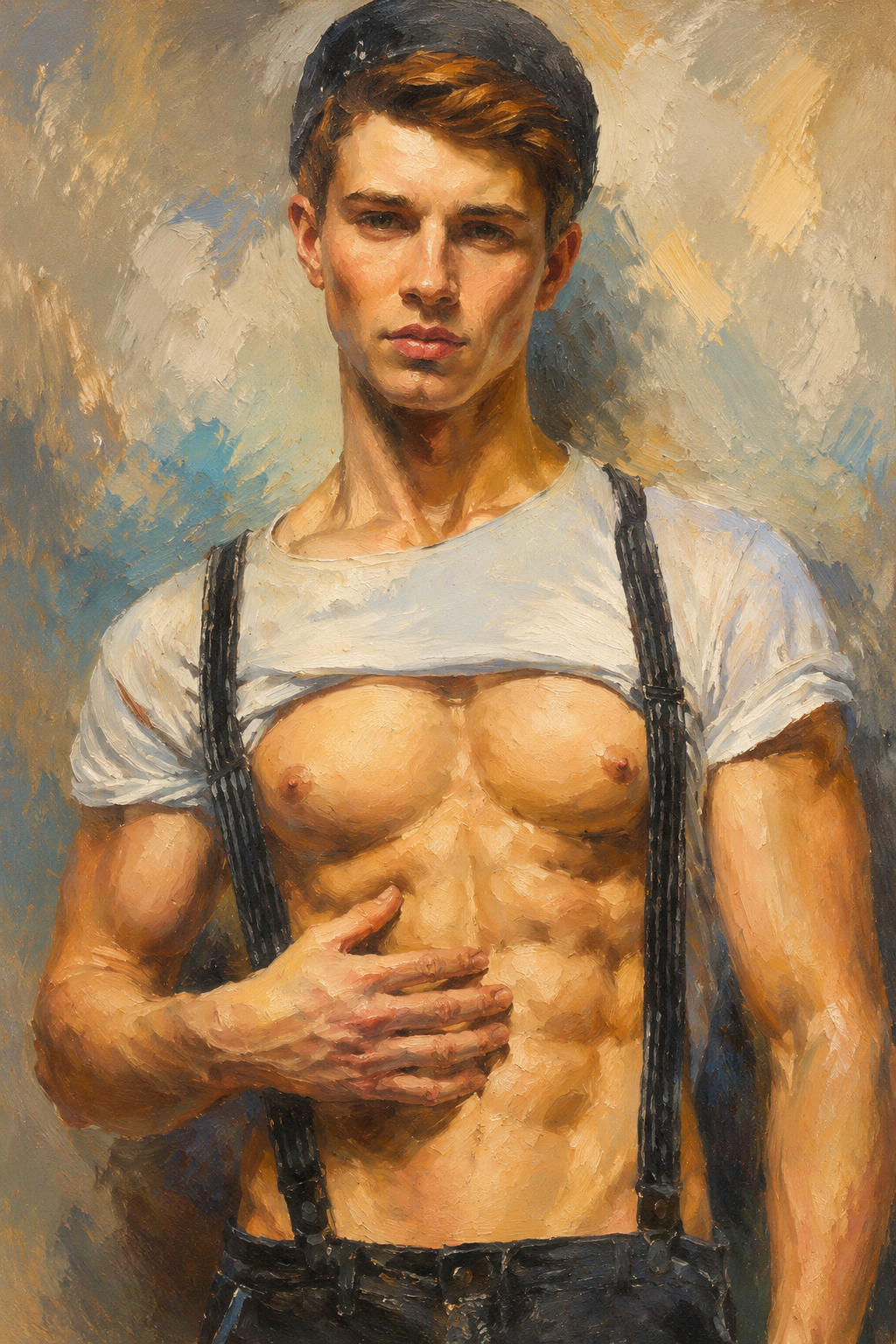 peinture huile sur toile faite sur commande - scène érotique hommes TORSE NU BRETELLES