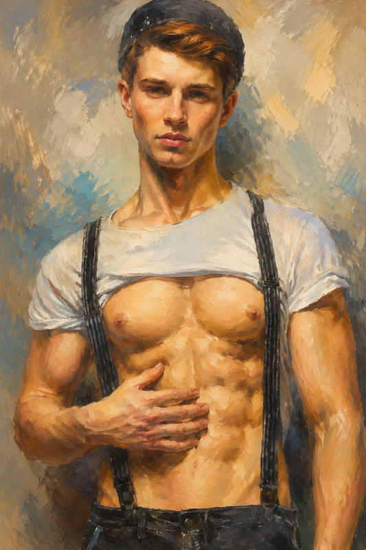 peinture huile sur toile faite sur commande - scène érotique hommes TORSE NU BRETELLES