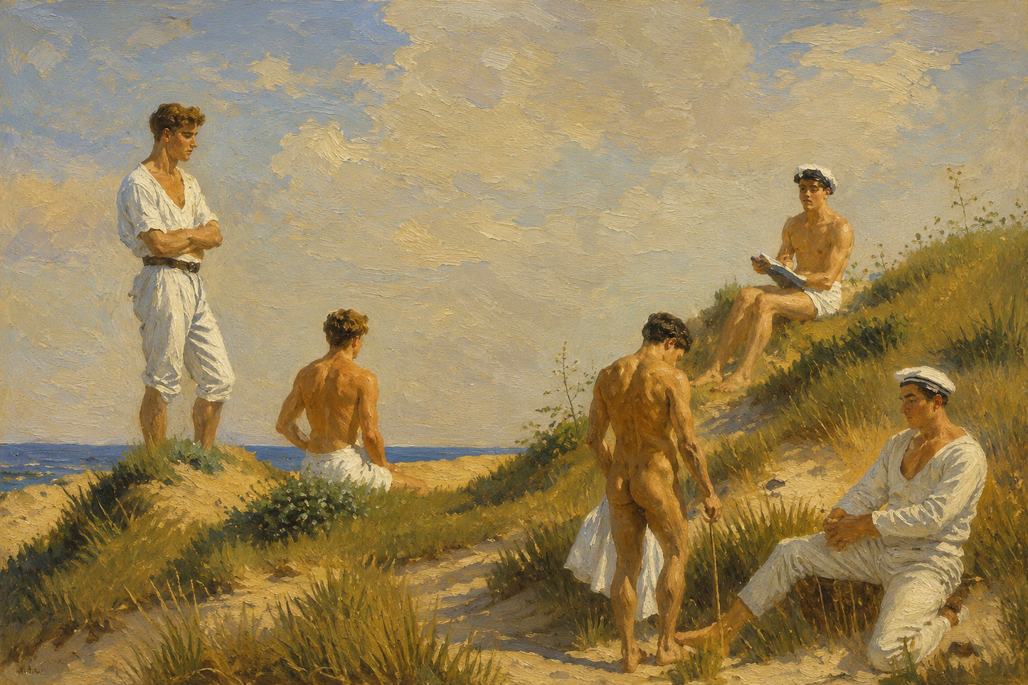 peinture huile sur toile faite sur commande - scène érotique PLAGE  homme NUS