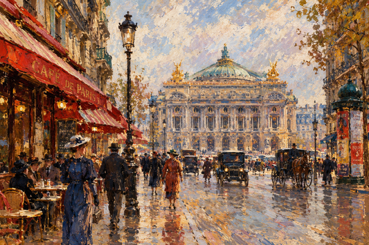 peinture huile sur toile faite sur commande - scène rue de Paris OPERA GARNIER
