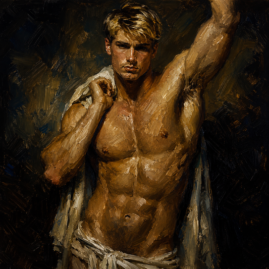 peinture huile sur toile faite sur commande - scène érotique homme TORSE NU