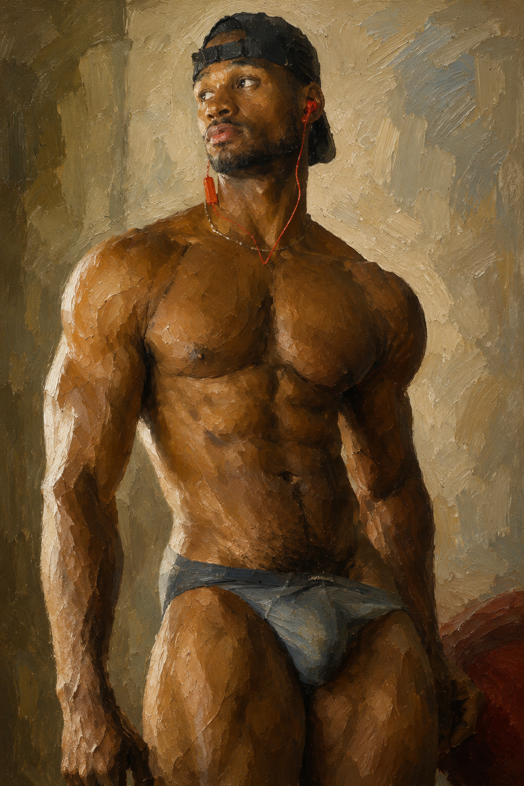 peinture huile sur toile faite sur commande - scène érotique HOMME NU AVEC SLIP