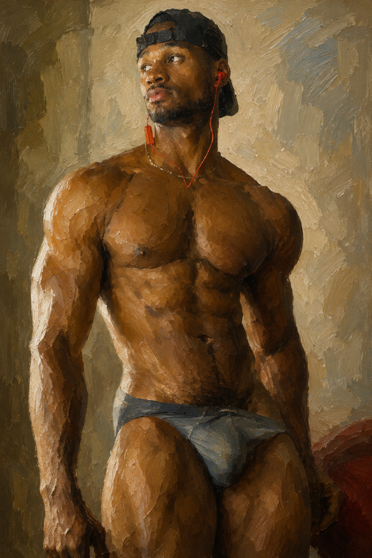peinture huile sur toile faite sur commande - scène érotique HOMME NU AVEC SLIP
