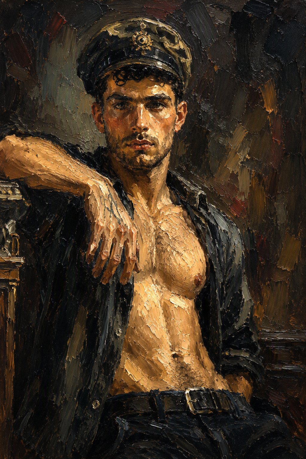 peinture huile sur toile faite sur commande - scène érotique hommes TORSE NU MILITAIRE