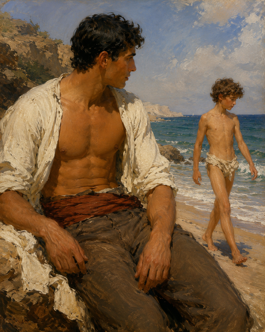 peinture huile sur toile faite sur commande - PORTRAIT PECHEUR REVERIE AU BORD DE MER