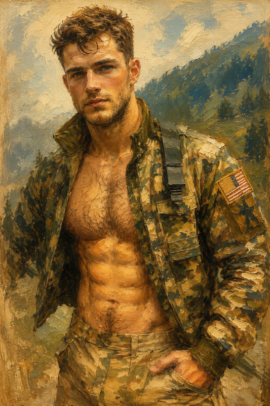 peinture huile sur toile faite sur commande - scène érotique homme TORSE NU MILITAIRE