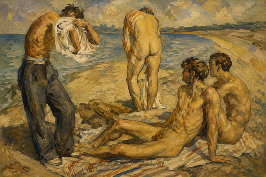 peinture huile sur toile faite sur commande - scène érotique HOMME NU A LA PLAGE