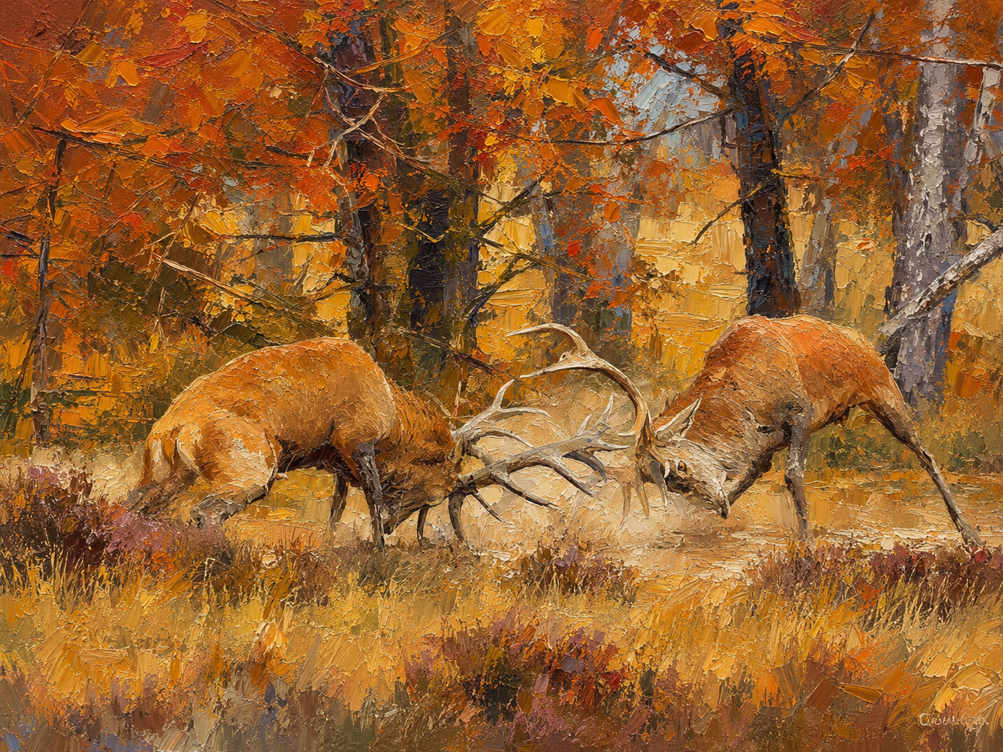 peinture huile sur toile faite sur commande - ANIMAL COMBAT DE CERFS