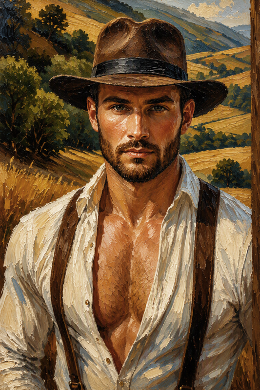 peinture huile sur toile faite sur commande - scène érotique hommes TORSE NU PAYSAN