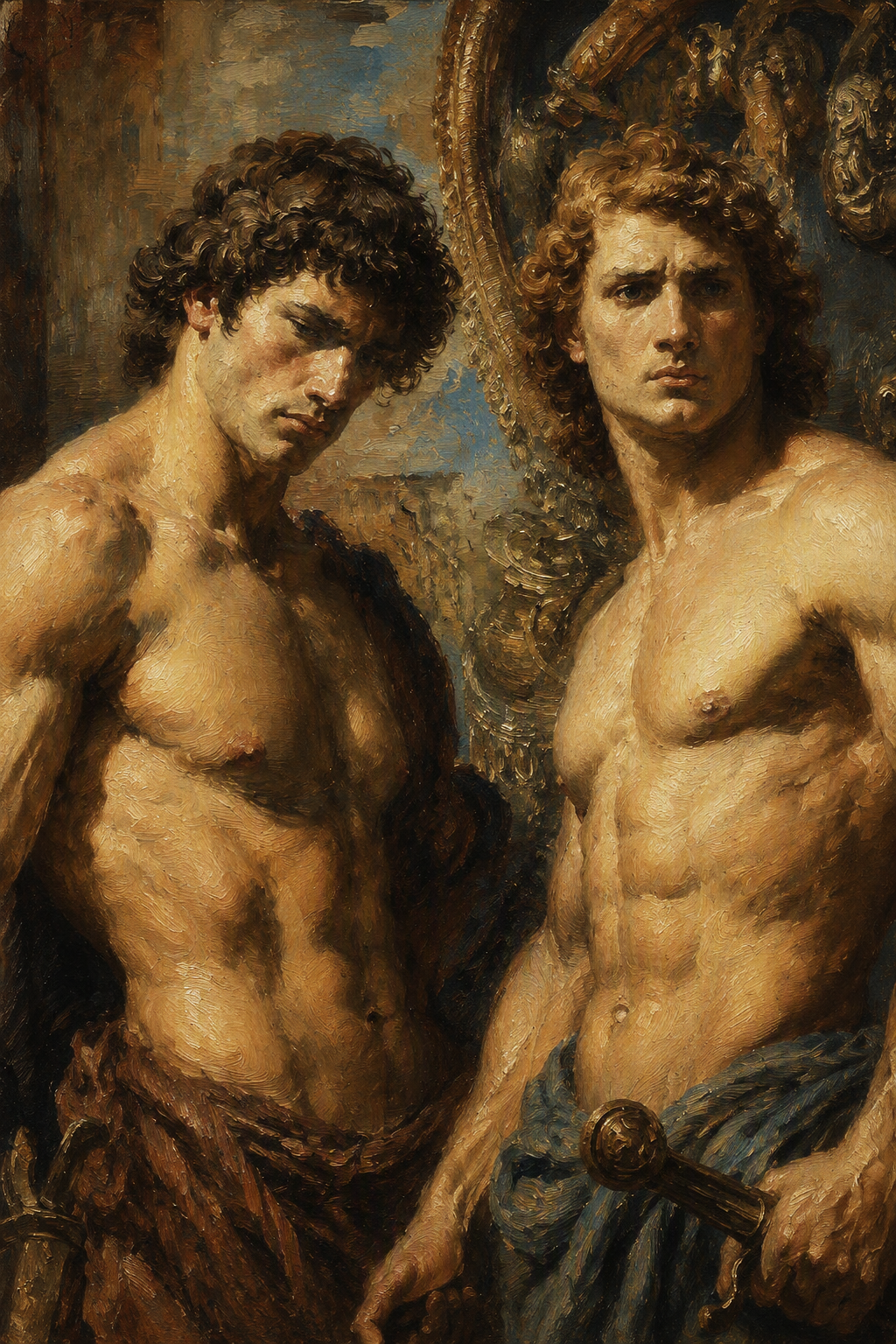 peinture huile sur toile faite sur commande - scène érotique hommes TORSE NU GUERRIERS