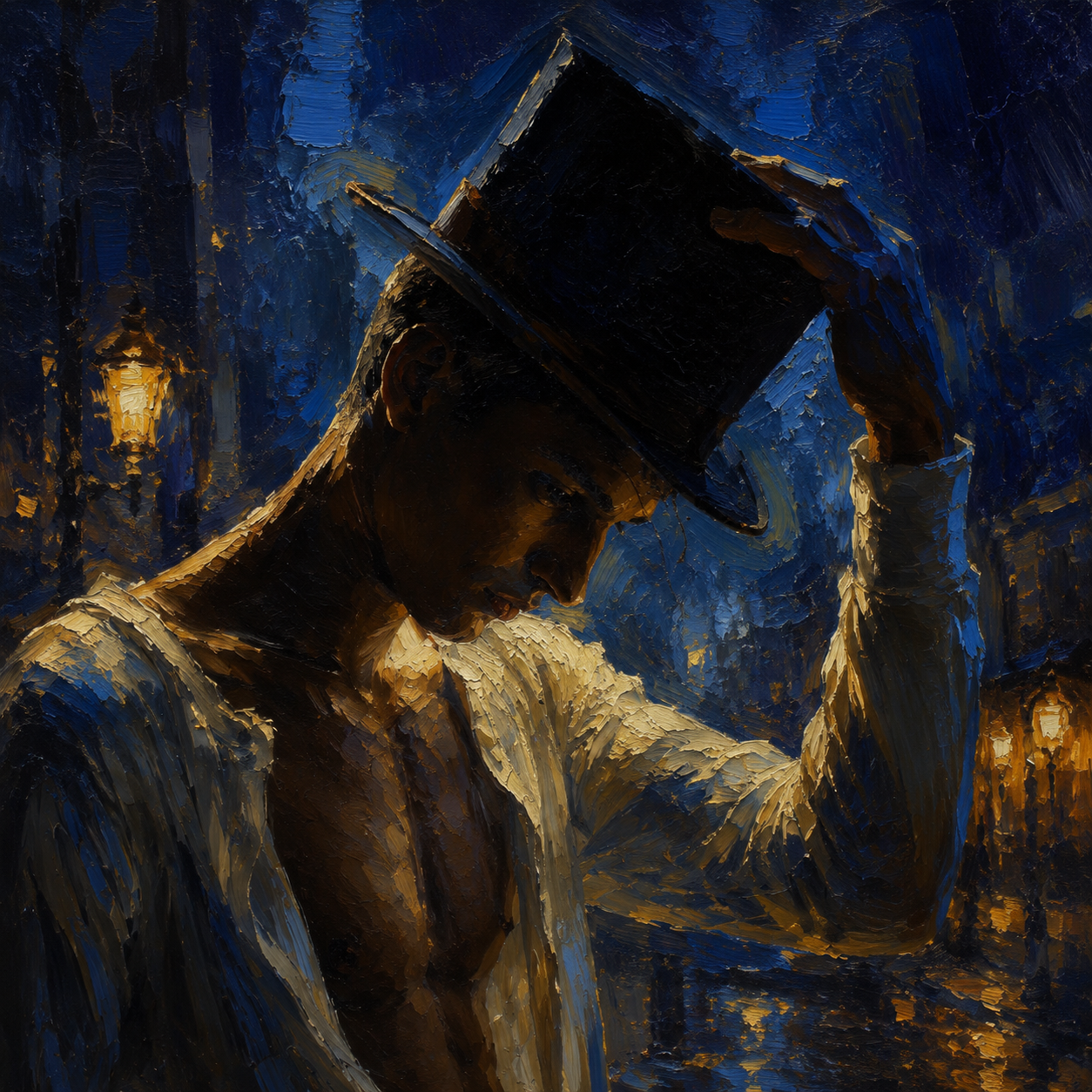 peinture huile sur toile faite sur commande - portrait torse nu dans la nuit