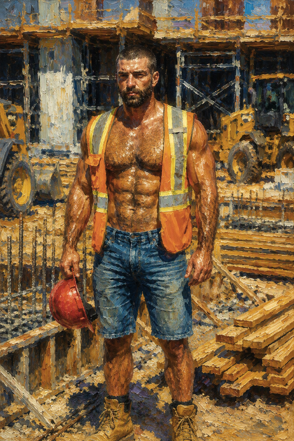 peinture huile sur toile faite sur commande - scène érotique homme TORSE NU OUVRIER
