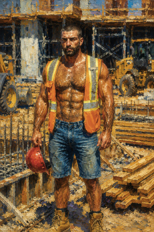 peinture huile sur toile faite sur commande - scène érotique homme TORSE NU OUVRIER