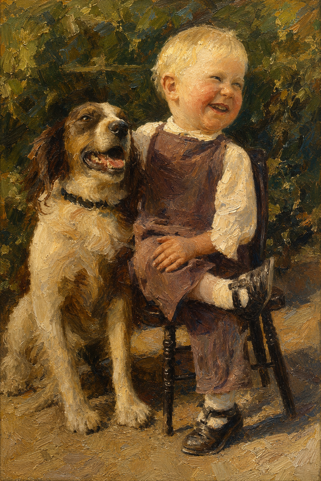 peinture huile sur toile faite sur commande - PORTRAIT ENFANT ET SON AMI AUTRE TEMPS