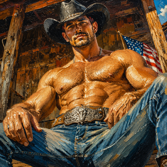 peinture huile sur toile faite sur commande - scène érotique homme COWBOY TORSE NU