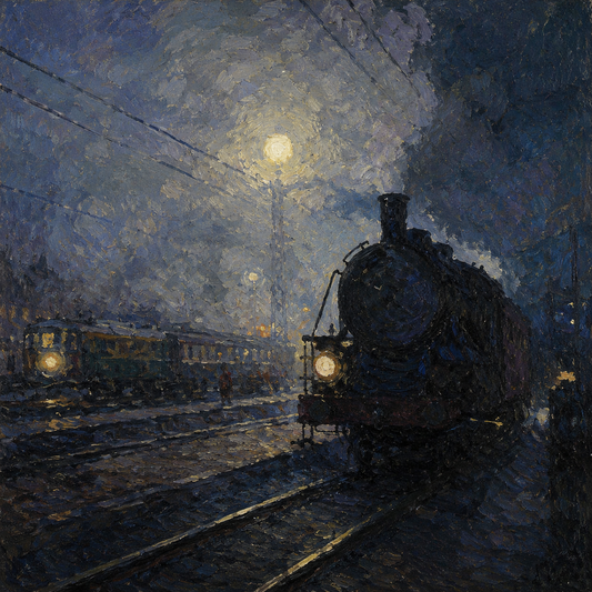 peinture huile sur toile faite sur commande - scène AUTRE TEMPS TRAIN