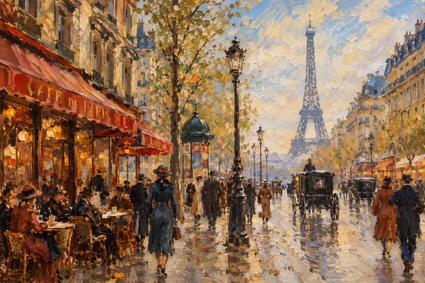 peinture huile sur toile faite sur commande - scène rue de Paris TOUR EIFFEL