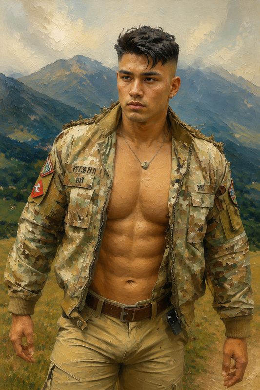 peinture huile sur toile faite sur commande - scène érotique hommes TORSE NU MILITAIRE