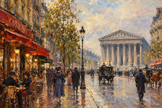 peinture huile sur toile faite sur commande - scène rue de Paris LA MADELEINE