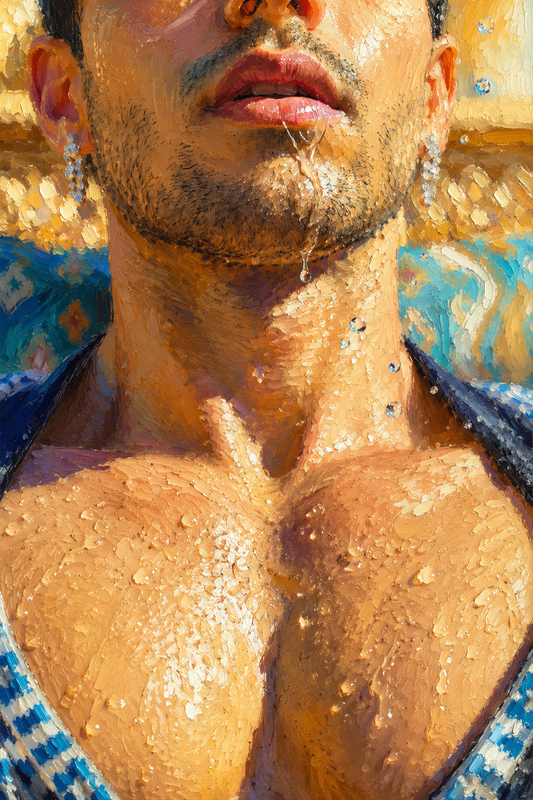 peinture huile sur toile faite sur commande - scène érotique homme TORSE NU NIPS