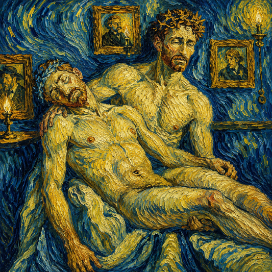 peinture huile sur toile faite sur commande - scène PIETA HOMMES