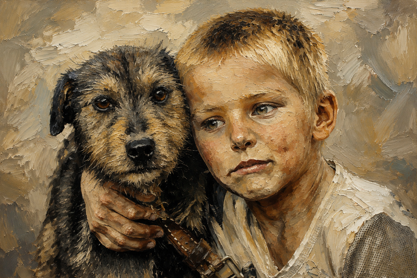 peinture huile sur toile faite sur commande - PORTRAIT ENFANT ET SON AMI AUTRE TEMPS