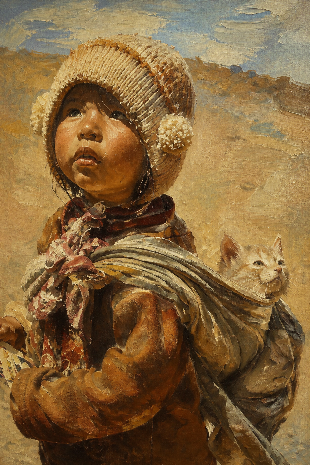peinture huile sur toile faite sur commande - PORTRAIT  ENFANT TIBET AUTRE TEMPS