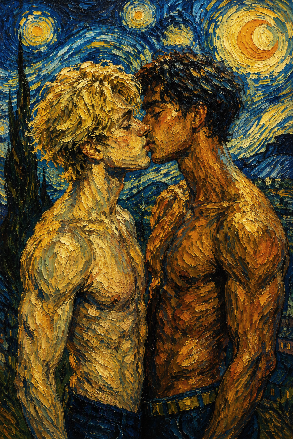 peinture huile sur toile faite sur commande - scène érotique hommes TORSE NU