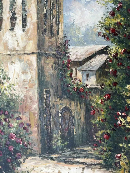 art-paysage-village-jardin-peinture-huile-toile