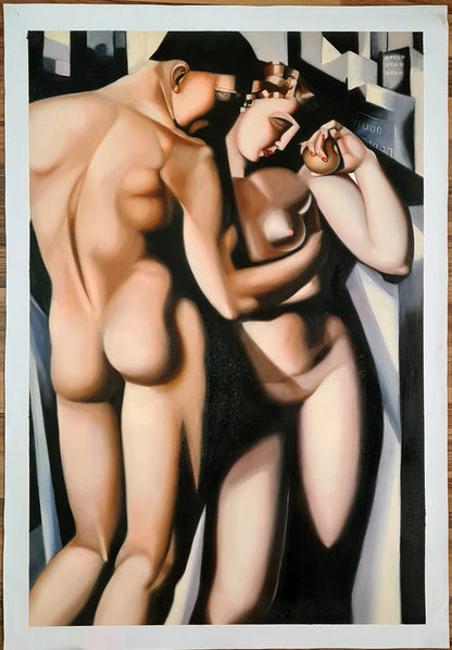 art-deco-adam-eve-tableau-peinture-huile sur toile-signée