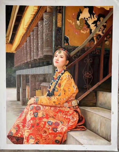 portrait femme asiatique de Lhassa Tibet huile sur toile originale