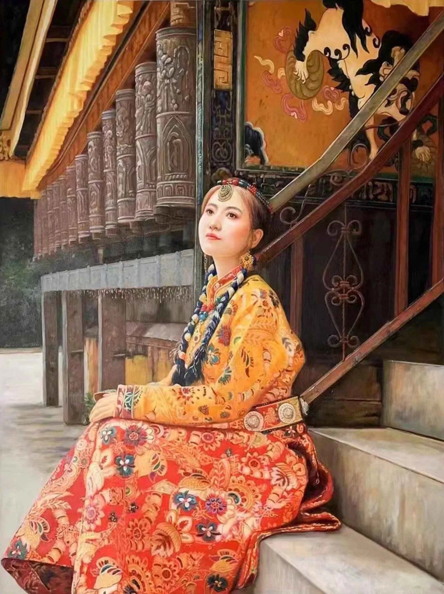 portrait femme asiatique de Lhassa Tibet huile sur toile originale