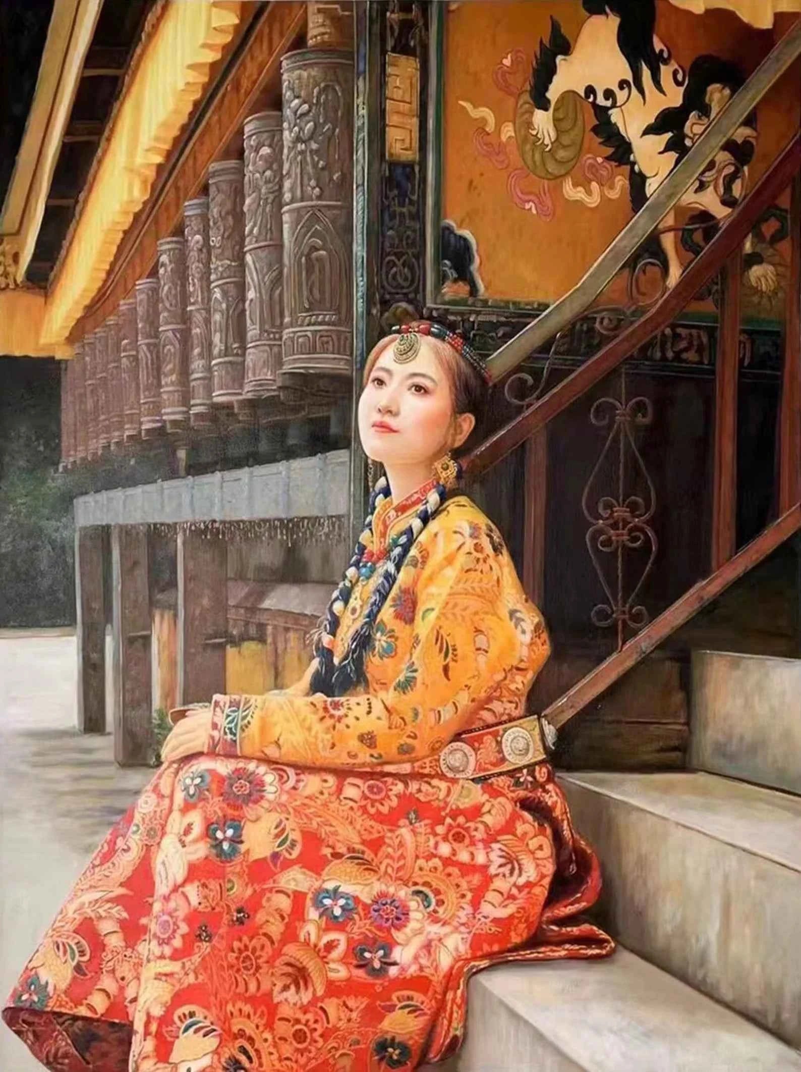 portrait femme asiatique de Lhassa Tibet huile sur toile originale