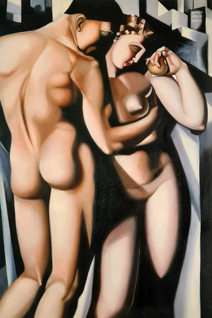 art-deco-adam-eve-tableau-peinture-huile sur toile-signée