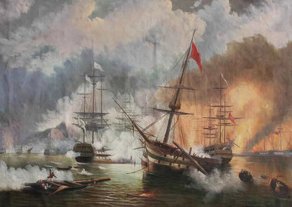 art-militaire-bateaux-guerre-bataille-navale-peinture-huile-toile