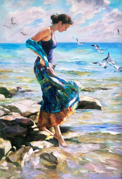 art-decoration-tableau-peinture-huile-toile-scene-plage-ocean-femme