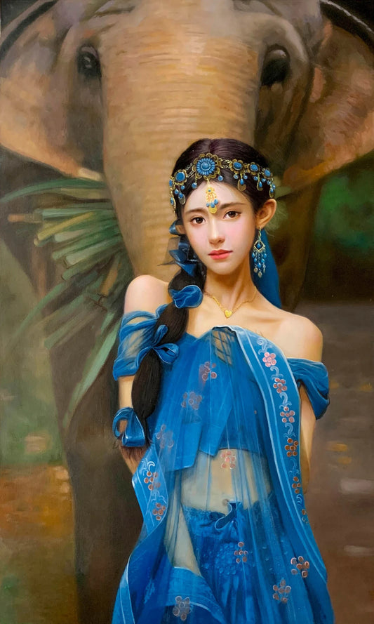 art-decoration-tableau-peinture-huile-toile-portrait-feminin-jeune-fille-asiatique-elephant