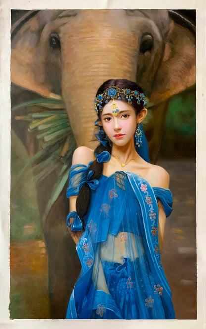 art-decoration-tableau-peinture-huile-toile-portrait-feminin-jeune-fille-asiatique-elephant