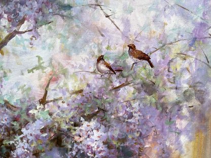 art-decoration-tableau-peinture-huile-toile-paysage-arbre-fleuri-oiseaux-jardin