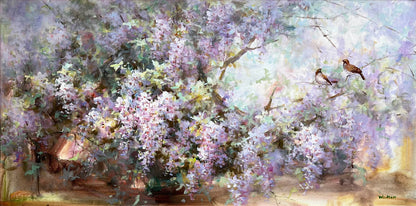 art-decoration-tableau-peinture-huile-toile-paysage-arbre-fleuri-oiseaux-jardin