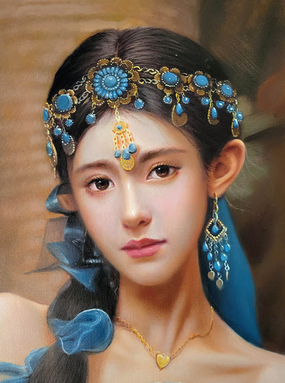 art-decoration-tableau-peinture-huile-toile-portrait-feminin-jeune-fille-asiatique-elephant