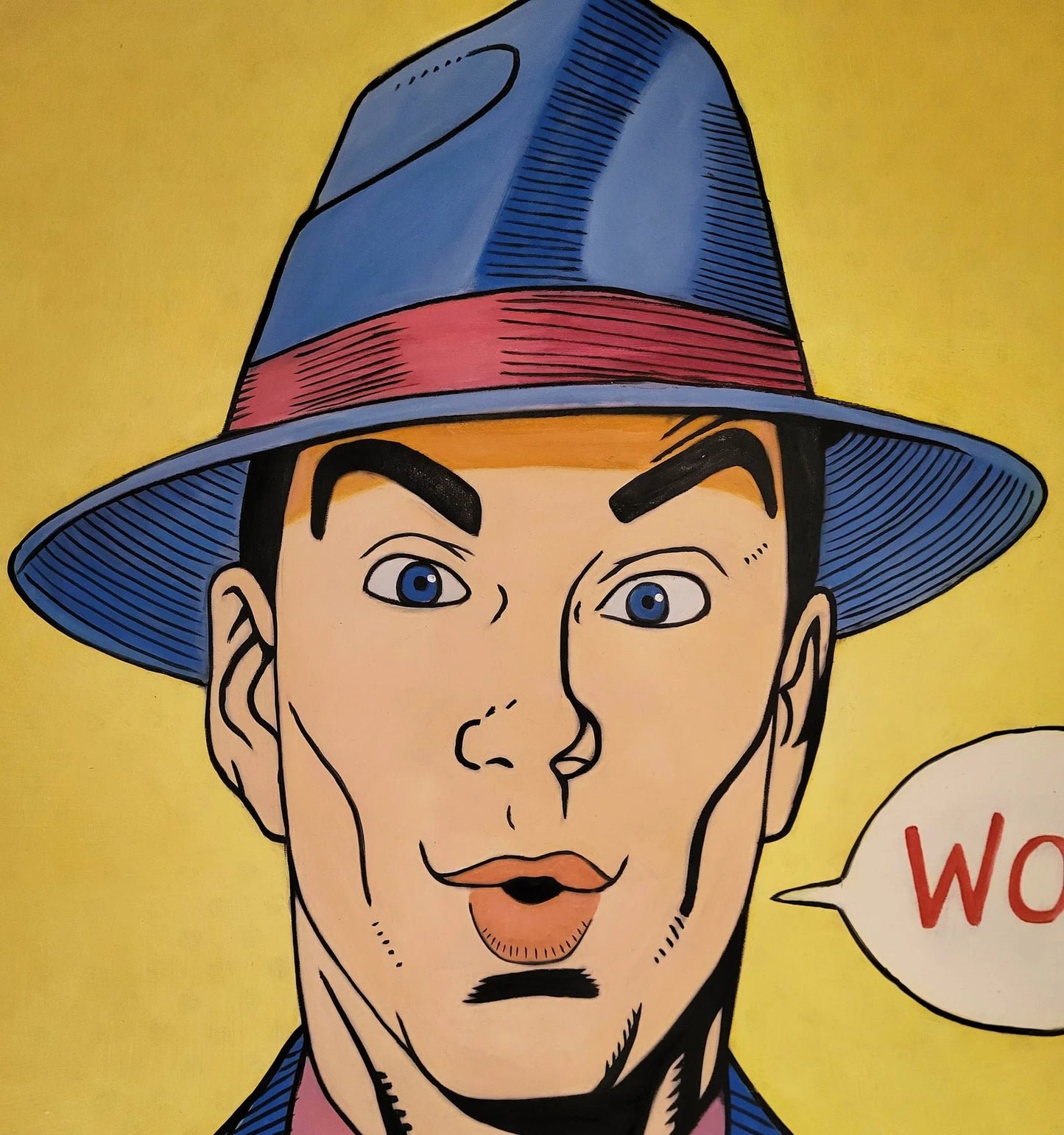 art-pop-portrait-masculin-homme-chapeau-peinture-huile-toile